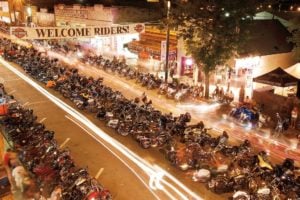 Sturgis bike ralley | Bikes turn into light trails as they stream up and down Main Street just after sunset at the 2007 Sturgis rally.