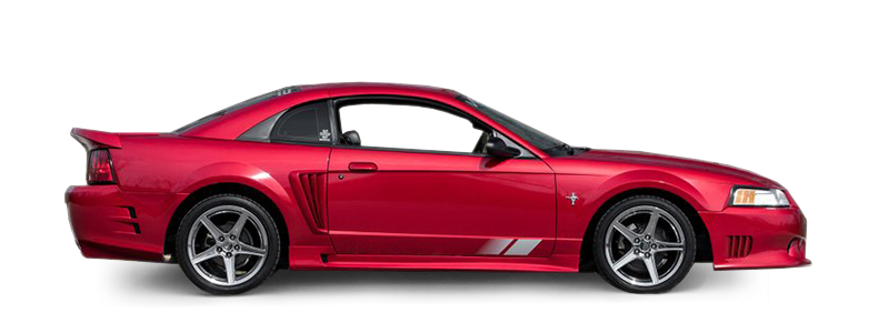 passenger side view of red 2000s ford mustang
