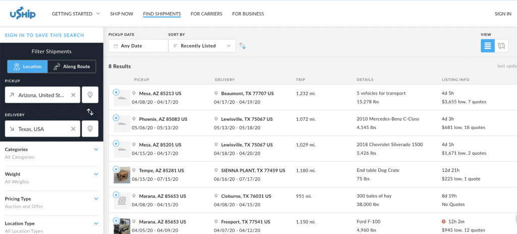 Example of uShip's digital free load board