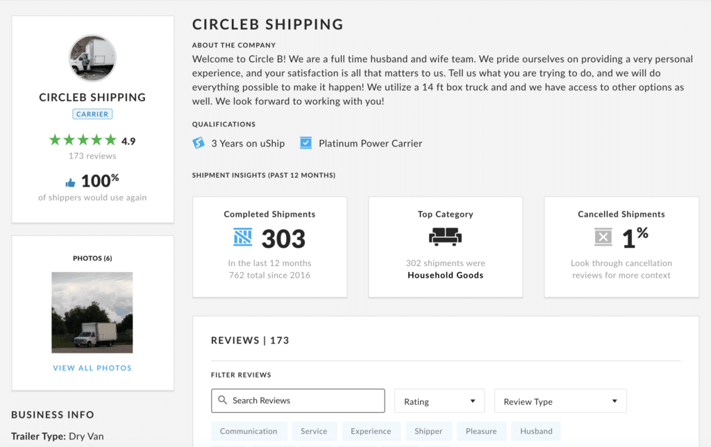 transport company profile on uShip