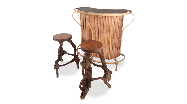vintage tiki bar with two natural wood stools from Chairish