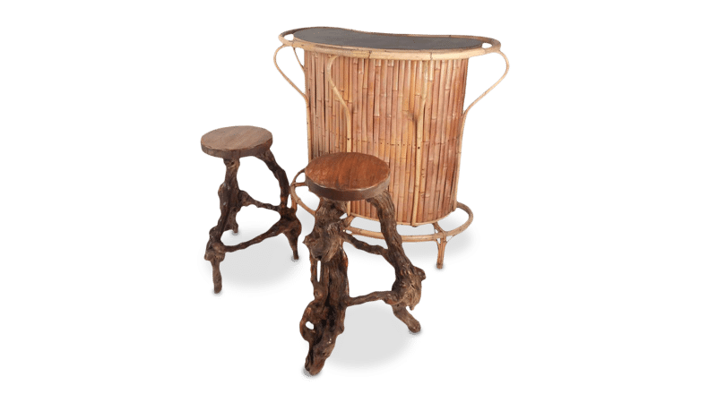 vintage tiki bar with two natural wood stools from Chairish