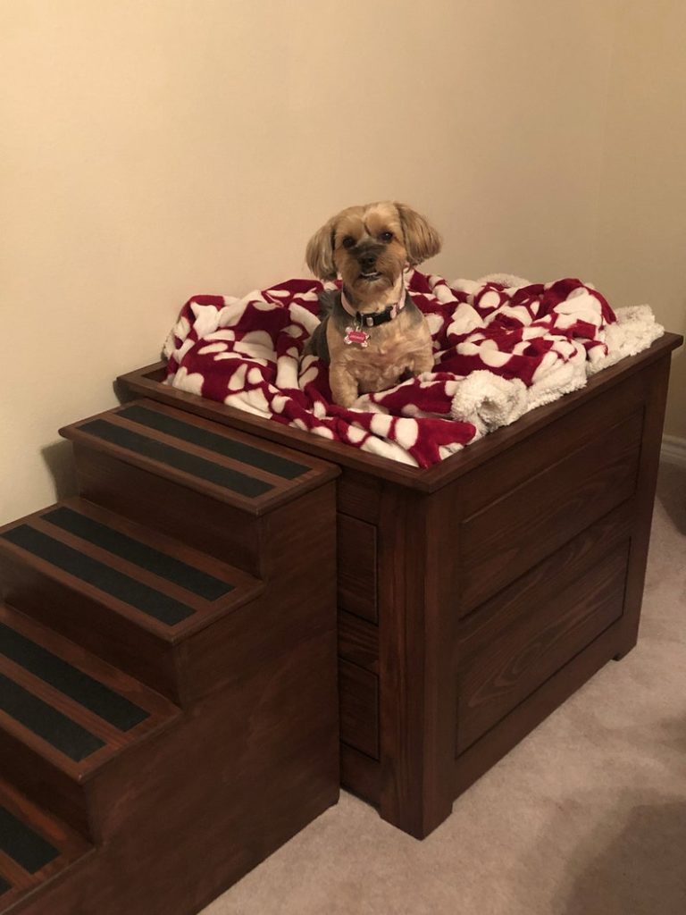 dog sitting on wood platform bed with stairs, etsy furniture