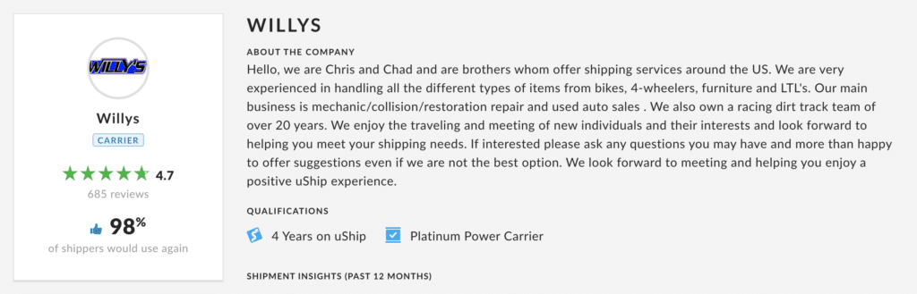 uShip carrier profile summary
