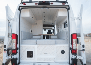 custom van ideas, convertible table bed area design