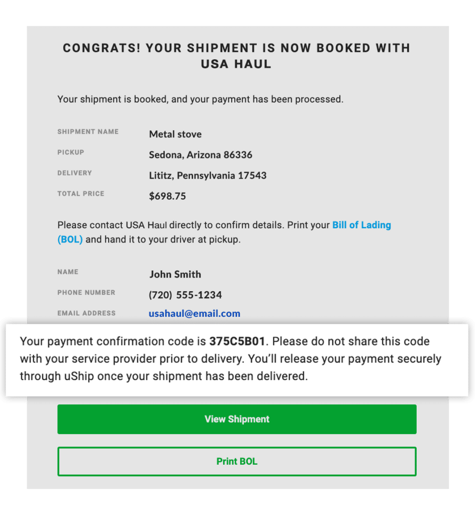 uShip Booking Confirmation Email highlighting the location of the payment confirmation code
