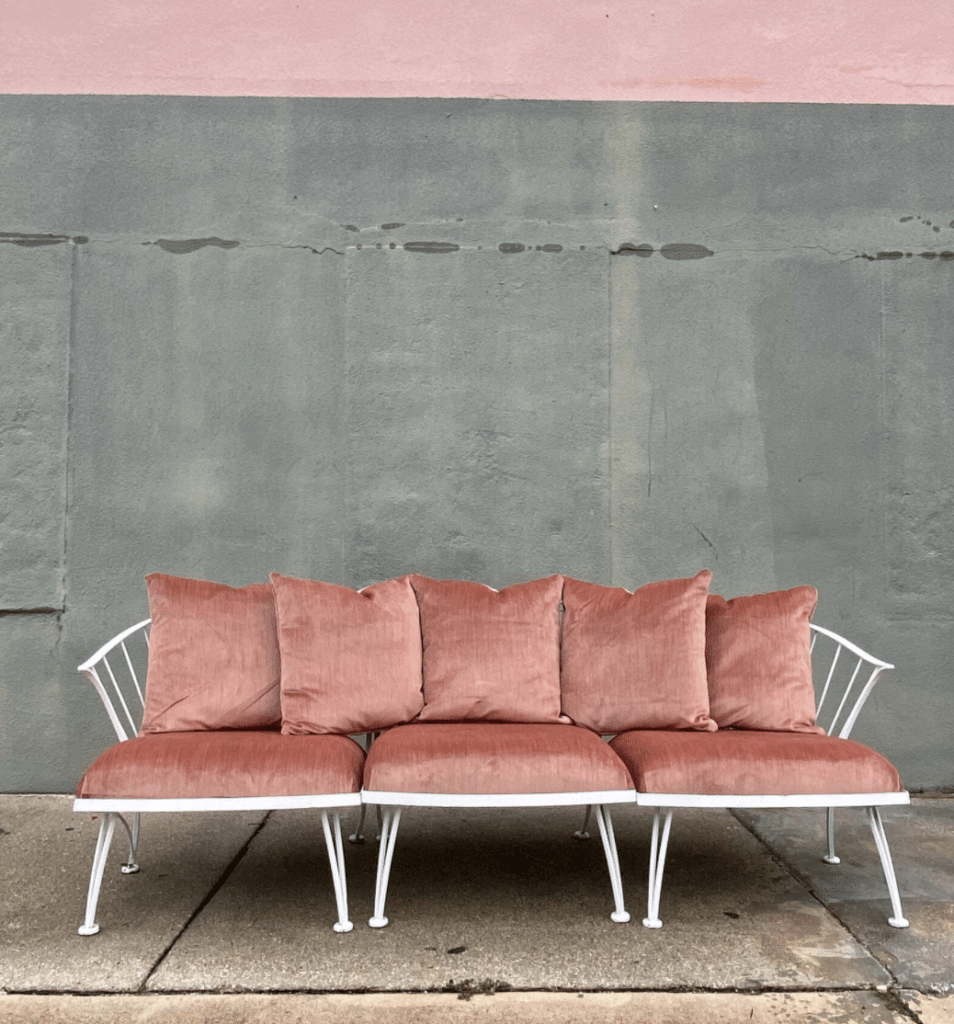 pink velvet upcycled patio sofa on etsy 
