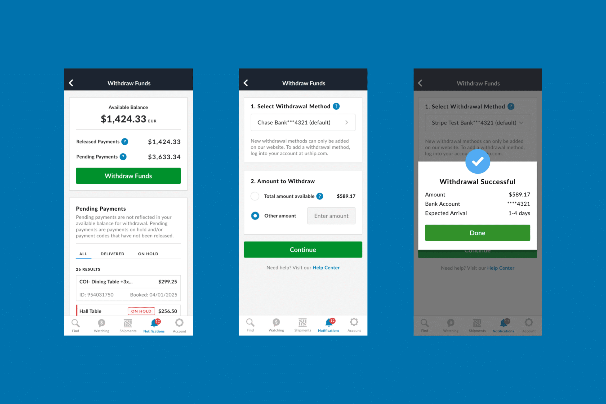 View of uShip mobile withdrawal for carriers