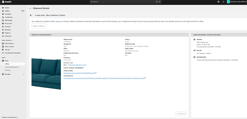 uship shopify tracking links in app