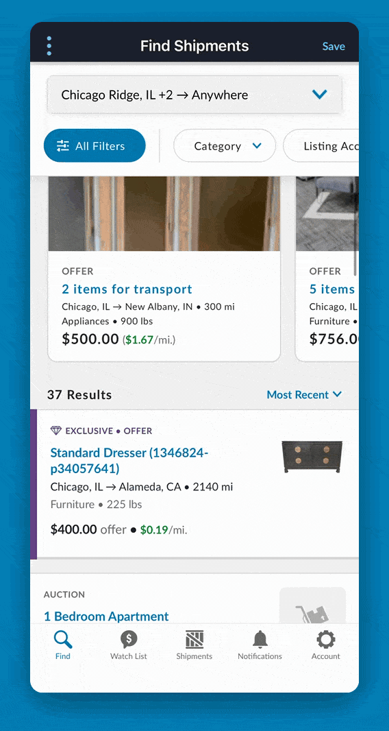 uShip Find Shipment mobile feature - listings browser window
