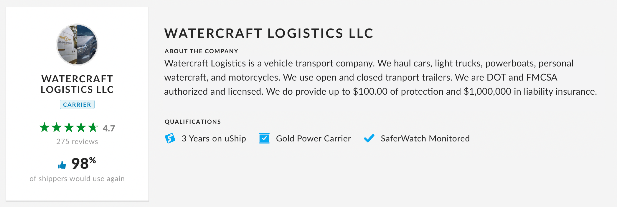 uShip Carrier Profile example
